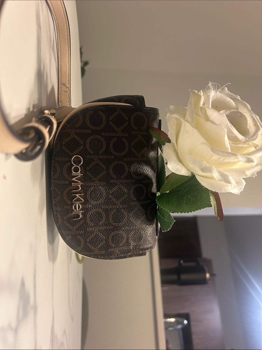 Calvin Klein Brown Monogram Crossbody with Cream Trim